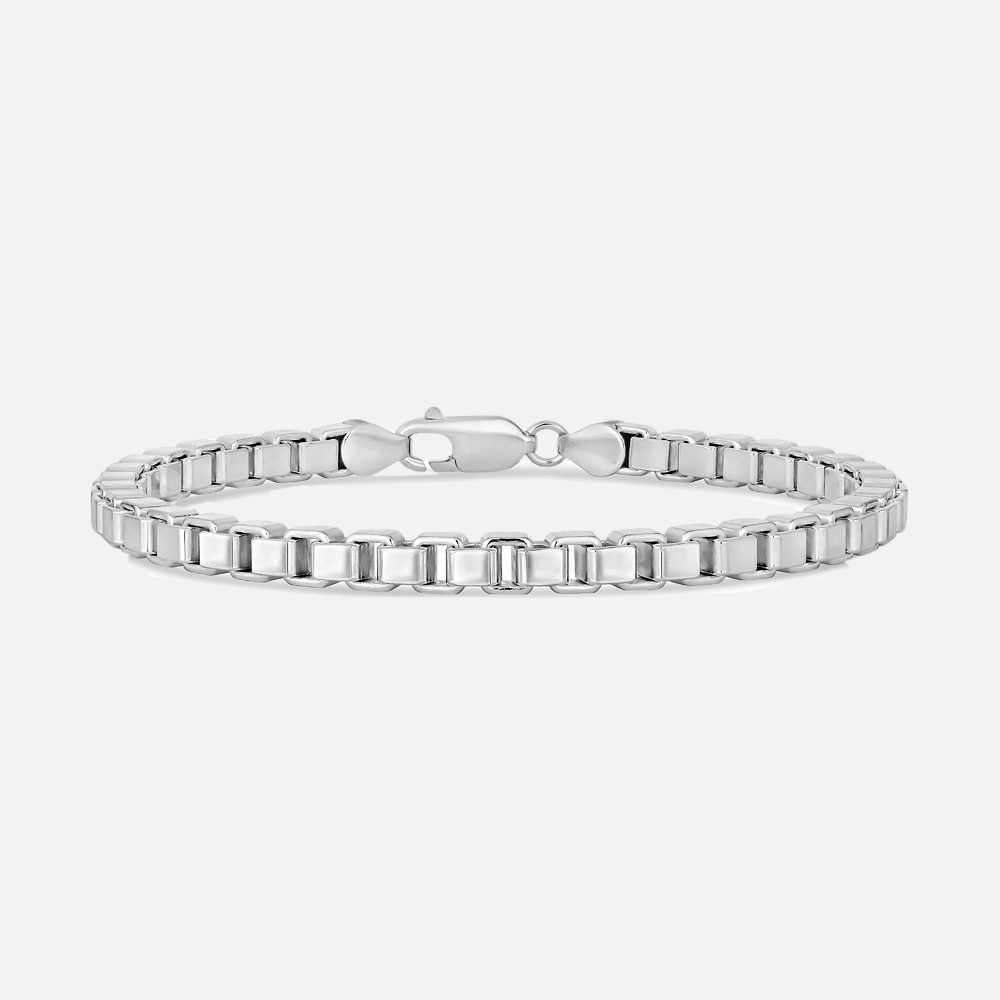 A polished silver Teddy Howler box chain bracelet with a lobster clasp closure.