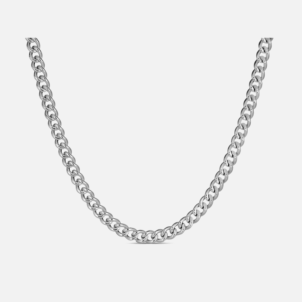 A silver Teddy Howler hollow curb chain necklace laid out on a plain background.