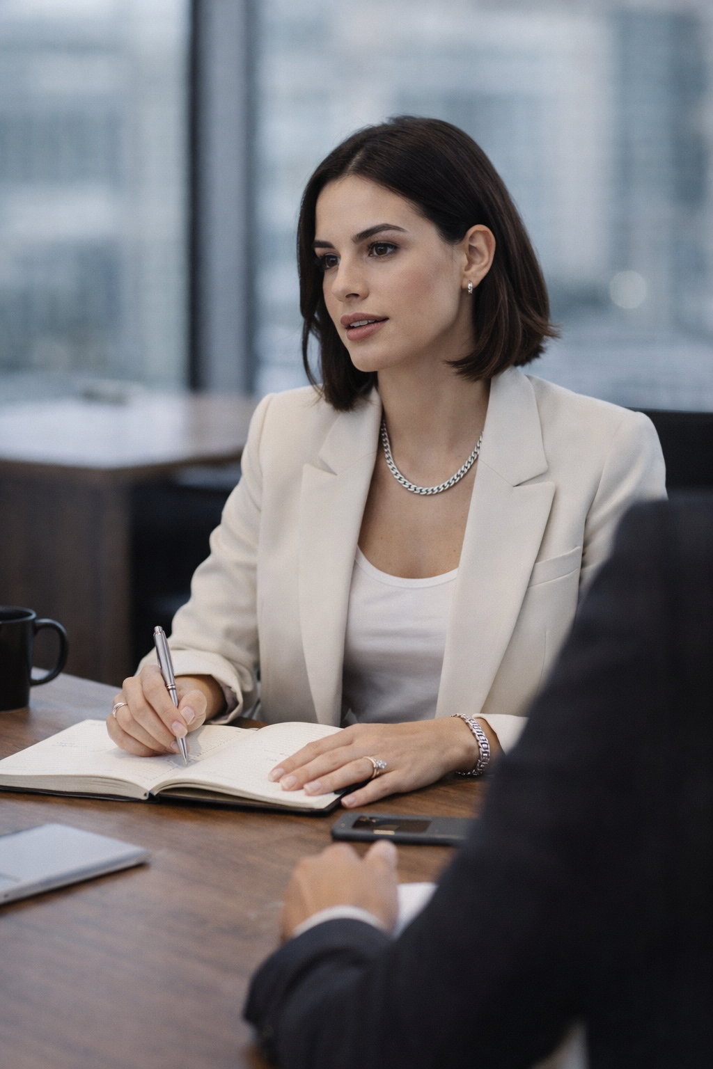 Woman wearing a Teddy Howler Pave necklace in a professional setting taking notes during a meeting.
