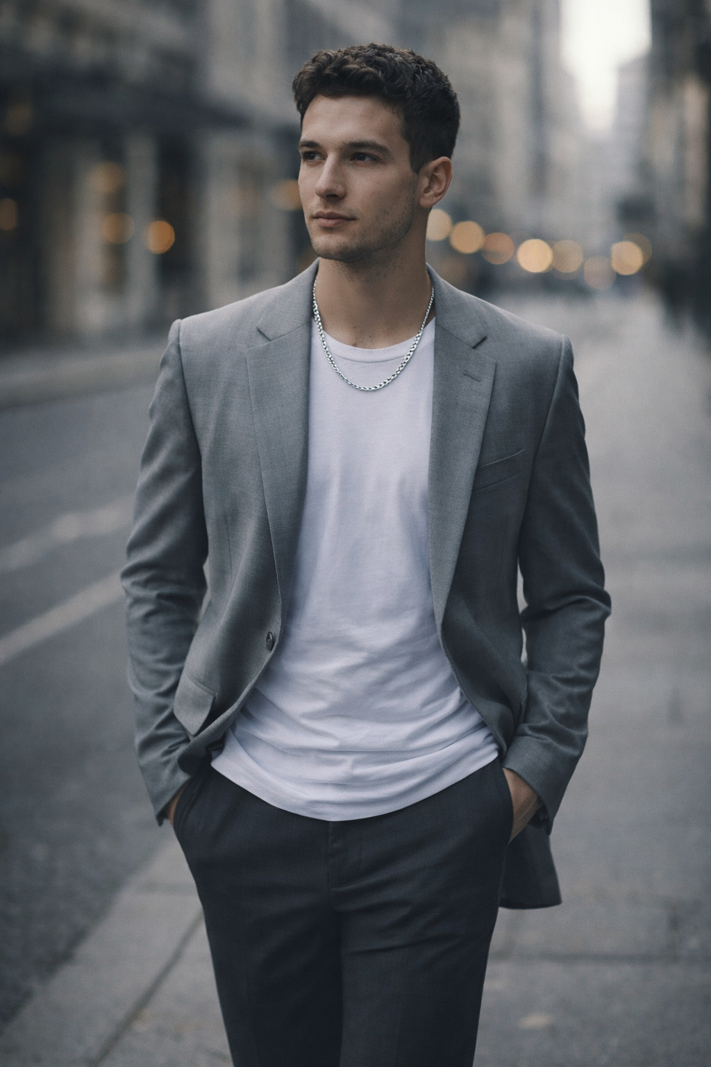 Man wearing a Teddy Howler Pave necklace in a gray blazer over a white shirt on a city street