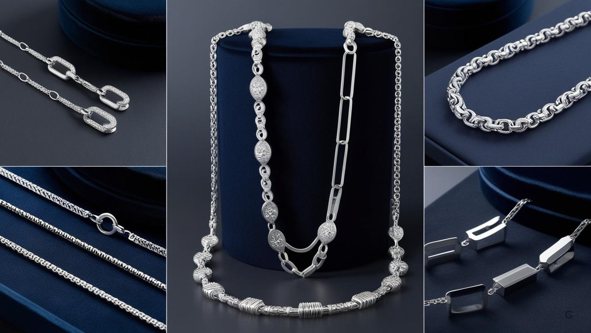 Assorted 925 Italy silver chains on a navy background, reflecting the blend of classic and contemporary jewelry trends in 2025.