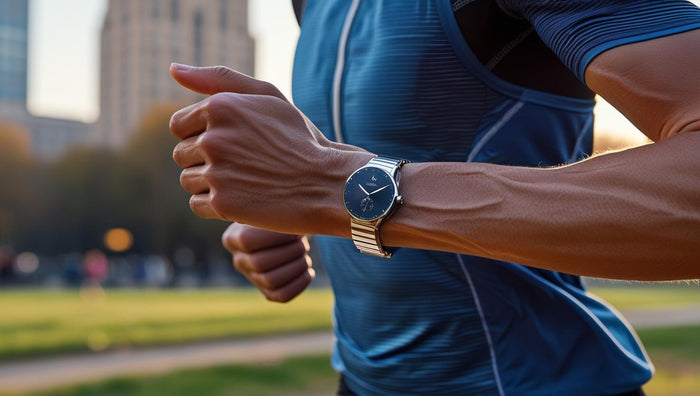 Close-up of a man running outdoors wearing a sleek silver watch with a 925 Italy-style band, highlighting active lifestyle jewelry trends.