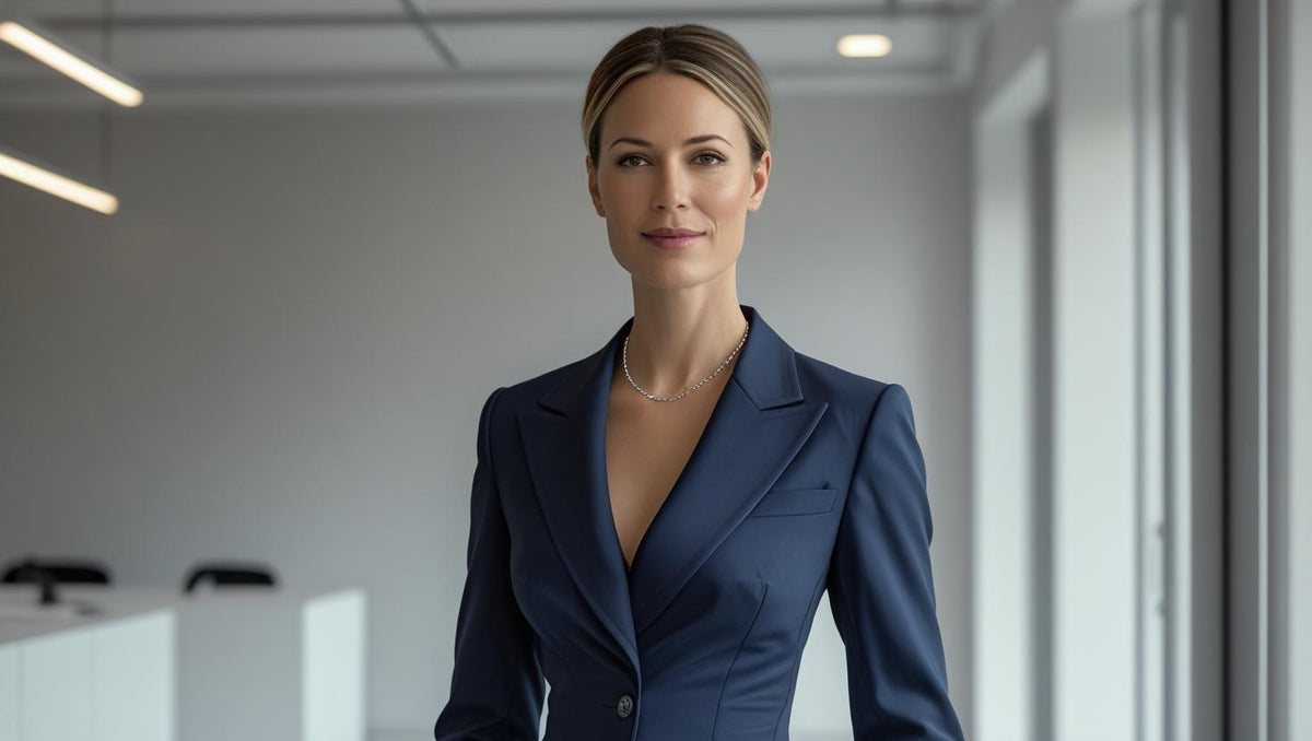 Professional woman in a navy blazer wearing a minimalist Silver Chain necklace in a bright office environment.