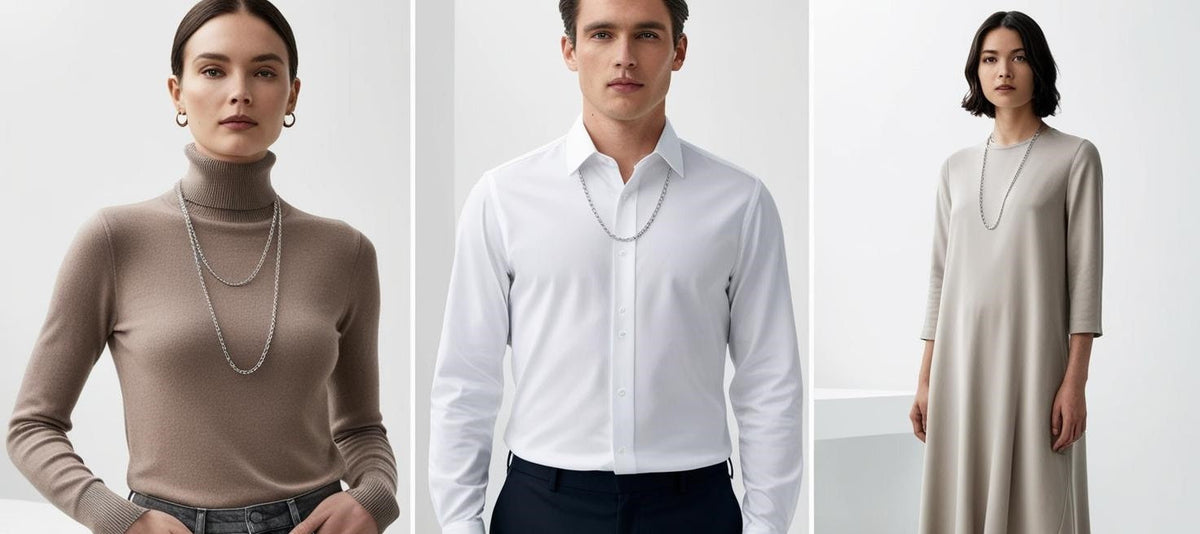Men and women wearing silver chain necklaces styled with turtlenecks, dress shirts, and flowy dresses—demonstrating versatile, minimalist fashion.