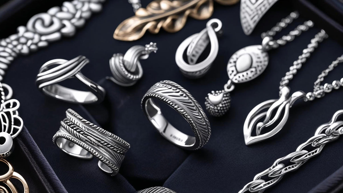 Mixed 925 Italy silver jewelry including rings, pendants, and chains with textured and modern detailing.