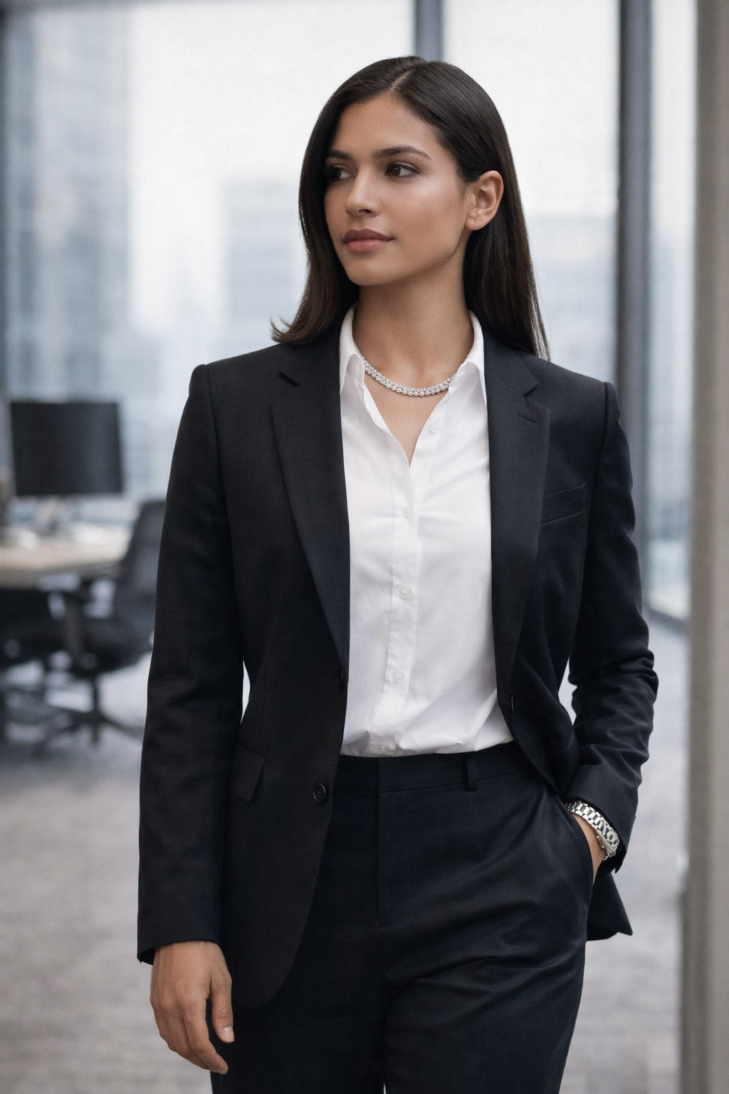 Woman in a professional black suit wearing a Teddy Howler Pave necklace standing in an office setting