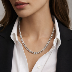 Close-up of a person wearing a Teddy Howler Pave necklace with a white shirt and black blazer.